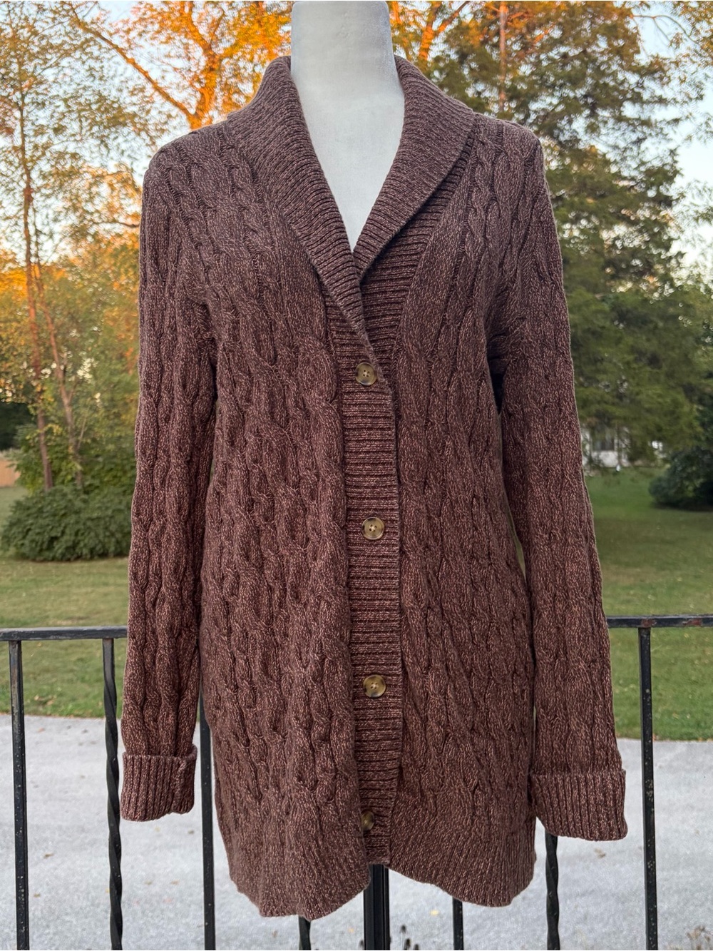 Lands' End Drifter Cable Knit Cardigan Sweater Brown Womens Medium Cottagecore